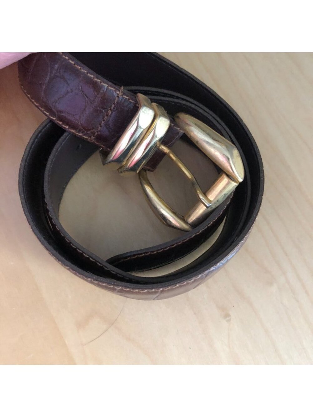 Vintage Jacqueline Ferrar Embossed Brown Leather Goldtone Large L Belt Italy